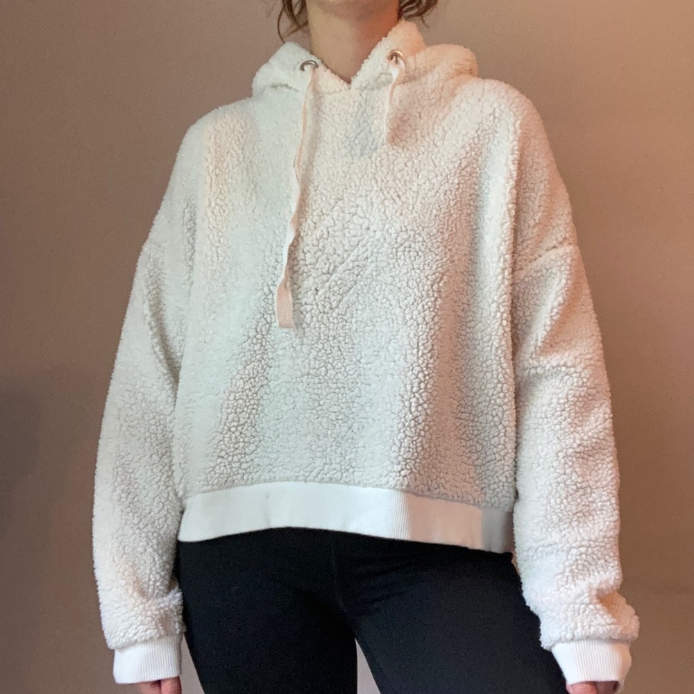 Cream Sherpa Cropped Hooded Sweatshirt